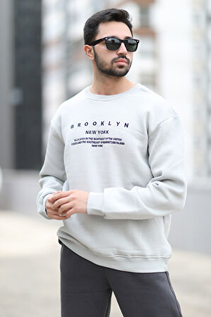 Erkek Kışlık Oversize Sweatshirt Açık Gri O Yaka Ribanlı 3 İp Şardonlu Nakışlı - 10022