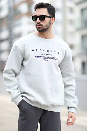 Erkek Kışlık Oversize Sweatshirt Açık Gri O Yaka Ribanlı 3 İp Şardonlu Nakışlı - 10022