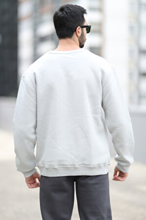 Erkek Kışlık Oversize Sweatshirt Açık Gri O Yaka Ribanlı 3 İp Şardonlu Nakışlı - 10022