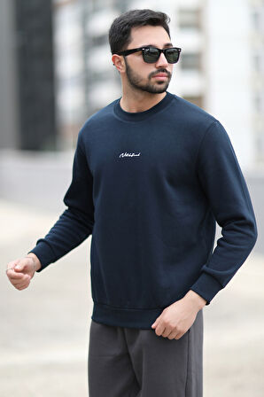 Erkek Bisiklet Yaka 3İplik Baskılı Sweatshirt Lacivert - 5012-1