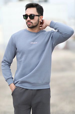 Erkek Bisiklet Yaka 3İplik Baskılı Sweatshirt Koyu Mavi - 5012-1