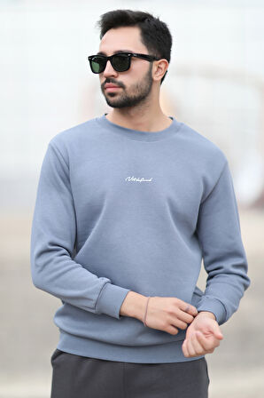 Erkek Bisiklet Yaka 3İplik Baskılı Sweatshirt Koyu Mavi - 5012-1