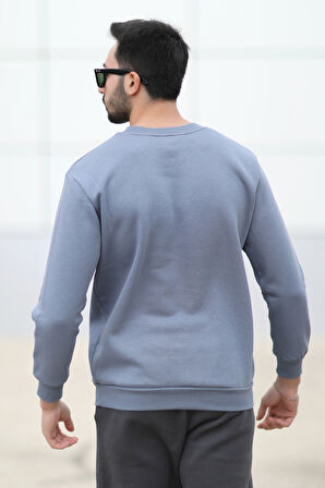 Erkek Bisiklet Yaka 3İplik Baskılı Sweatshirt Koyu Mavi - 5012-1