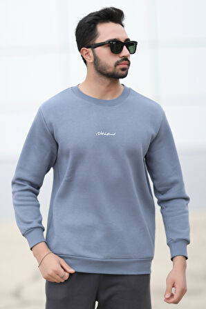 Erkek Bisiklet Yaka 3İplik Baskılı Sweatshirt Koyu Mavi - 5012-1