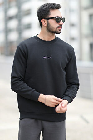 Erkek Bisiklet Yaka 3İplik Baskılı Sweatshirt Siyah - 5012-1