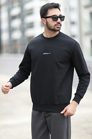 Erkek Bisiklet Yaka 3İplik Baskılı Sweatshirt Siyah - 5012-1