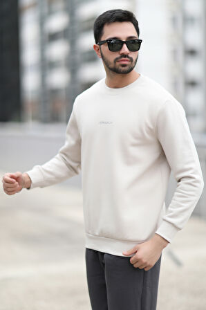 Erkek Bisiklet Yaka 3İplik Baskılı Sweatshirt Krem - 5012-1