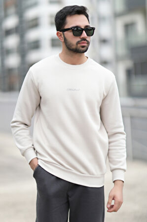 Erkek Bisiklet Yaka 3İplik Baskılı Sweatshirt Krem - 5012-1