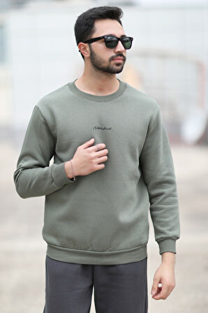 Erkek Bisiklet Yaka 3İplik Baskılı Sweatshirt Haki - 5012-1