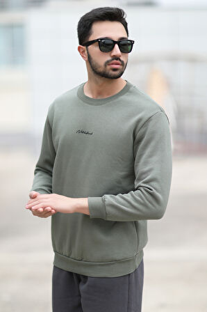 Erkek Bisiklet Yaka 3İplik Baskılı Sweatshirt Haki - 5012-1