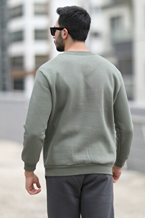 Erkek Bisiklet Yaka 3İplik Baskılı Sweatshirt Haki - 5012-1