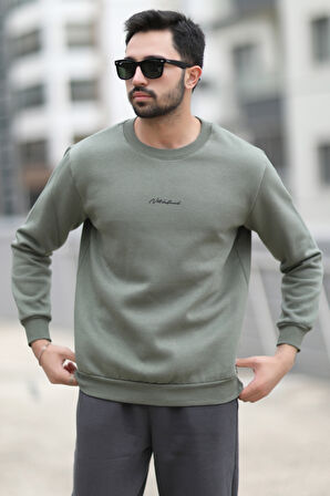 Erkek Bisiklet Yaka 3İplik Baskılı Sweatshirt Haki - 5012-1