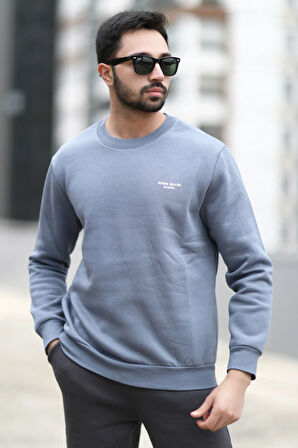 Erkek Kışlık Sweatshirt Koyu Mavi Üç İplik Şardonlu O Yaka Ribanalı Regularfit Baskılı - 5012-1-1