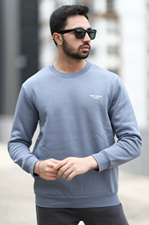 Erkek Kışlık Sweatshirt Koyu Mavi Üç İplik Şardonlu O Yaka Ribanalı Regularfit Baskılı - 5012-1-1