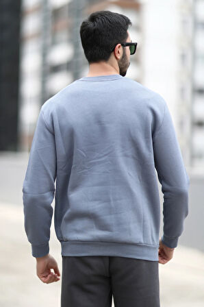Erkek Kışlık Sweatshirt Koyu Mavi Üç İplik Şardonlu O Yaka Ribanalı Regularfit Baskılı - 5012-1-1