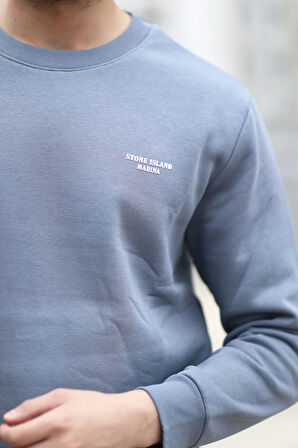 Erkek Kışlık Sweatshirt Koyu Mavi Üç İplik Şardonlu O Yaka Ribanalı Regularfit Baskılı - 5012-1-1
