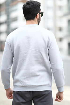 Erkek Kışlık Sweatshirt Açık Gri Üç İplik Şardonlu O Yaka Ribanalı Regularfit Baskılı - 5012-1-1