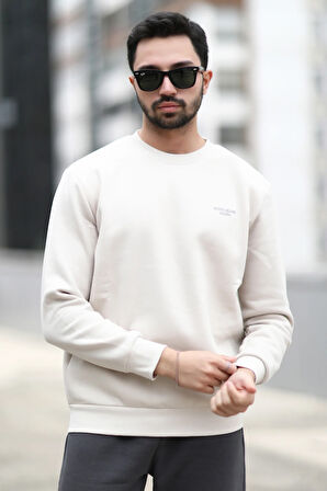 Erkek Kışlık Sweatshirt Krem Rengi Üç İplik Şardonlu O Yaka Ribanalı Regularfit Baskılı - 5012-1-1