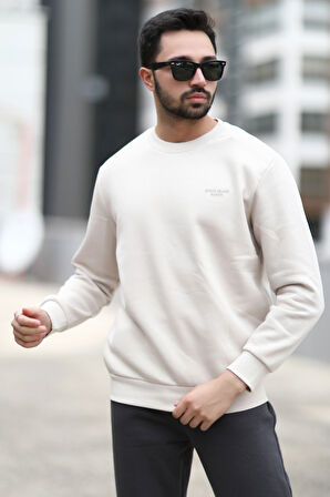 Erkek Kışlık Sweatshirt Krem Rengi Üç İplik Şardonlu O Yaka Ribanalı Regularfit Baskılı - 5012-1-1