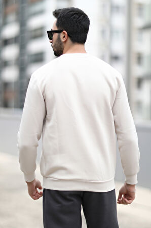 Erkek Kışlık Sweatshirt Krem Rengi Üç İplik Şardonlu O Yaka Ribanalı Regularfit Baskılı - 5012-1-1