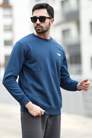 Erkek Kışlık Sweatshirt Indigo Üç İplik Şardonlu O Yaka Ribanalı Regularfit Baskılı - 5012-1-1