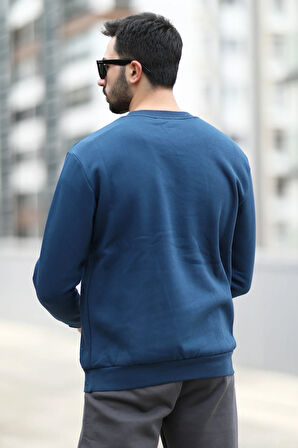 Erkek Kışlık Sweatshirt Indigo Üç İplik Şardonlu O Yaka Ribanalı Regularfit Baskılı - 5012-1-1