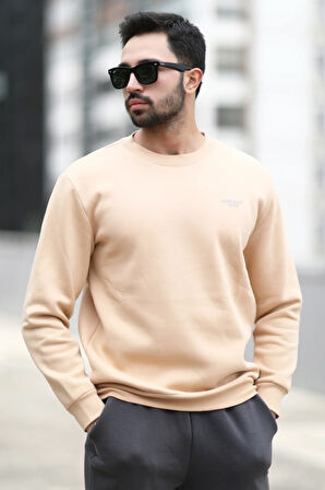 Erkek Kışlık Sweatshirt Bej Üç İplik Şardonlu O Yaka Ribanalı Regularfit Baskılı - 5012-1-1