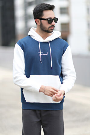 Erkek Kapüşonlu Sweatshirt Indigo Regularfit 3 İp Şardonlu Baskılı Kanguru Cepli Hoodie - 5338