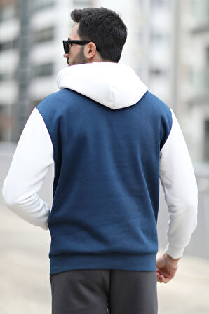 Erkek Kapüşonlu Sweatshirt Indigo Regularfit 3 İp Şardonlu Baskılı Kanguru Cepli Hoodie - 5338