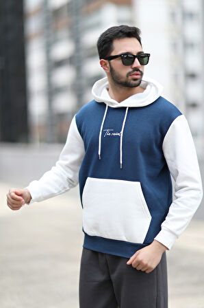 Erkek Kapüşonlu Sweatshirt Indigo Regularfit 3 İp Şardonlu Baskılı Kanguru Cepli Hoodie - 5338