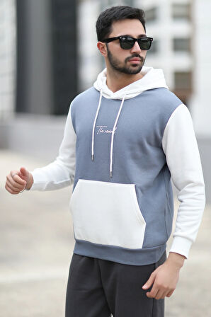 Erkek Kapüşonlu Sweatshirt Koyu Mavi Regularfit 3 İp Şardonlu Baskılı Kanguru Cepli Hoodie - 5338