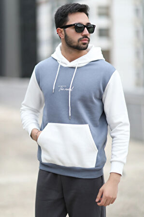 Erkek Kapüşonlu Sweatshirt Koyu Mavi Regularfit 3 İp Şardonlu Baskılı Kanguru Cepli Hoodie - 5338