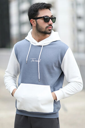 Erkek Kapüşonlu Sweatshirt Koyu Mavi Regularfit 3 İp Şardonlu Baskılı Kanguru Cepli Hoodie - 5338