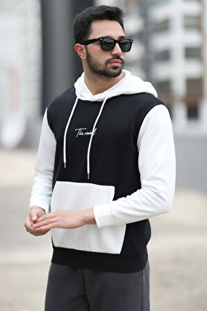 Erkek Kapüşonlu Sweatshirt Siyah Regularfit 3 İp Şardonlu Baskılı Kanguru Cepli Hoodie - 5338