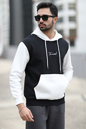 Erkek Kapüşonlu Sweatshirt Siyah Regularfit 3 İp Şardonlu Baskılı Kanguru Cepli Hoodie - 5338