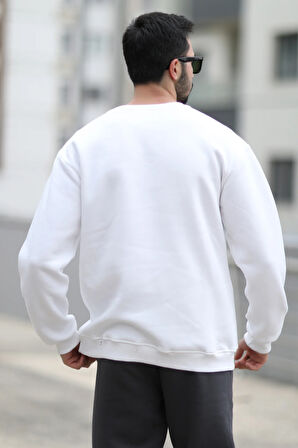 Erkek Oversize Sweatshirt Beyaz Ribanalı Bisiklet Yaka Baskılı Pamuk Karışım - 10009