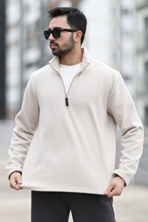 Erkek Kışlık Polarlı Sweatshirt Bej Yarım Fermuarlı Dik Yaka Boğazlı - 6053