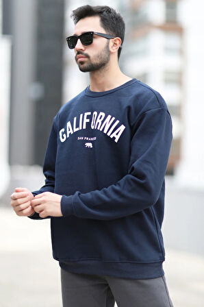 Erkek Kışlık Oversize Sweatshirt Lacivert California Baskılı Ribanalı - 10019