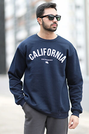 Erkek Kışlık Oversize Sweatshirt Lacivert California Baskılı Ribanalı - 10019