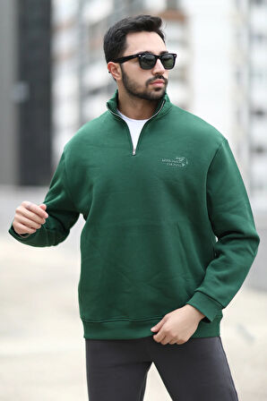 Erkek Kışlık Yarım Fermuarlı Sweatshirt Yeşil 3 İp Dik Yaka Baskılı Ribanalı - 10011