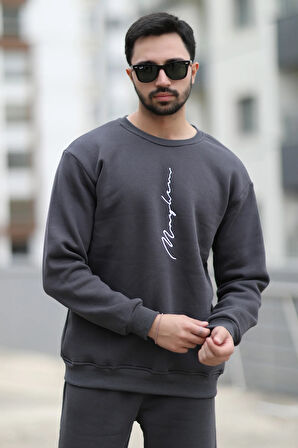 Erkek Polarlı Kışlık Sweatshirt Antrasit El Yazısı Nakışlı 3 İplik Şardonlu O Yaka - 10021