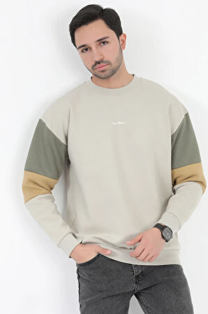 Erkek Bisiklet Yaka Sweatshirt Taş 3 İplik Kolu Garnili Oversize Pamuk Karışım - 5298