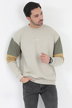 Erkek Bisiklet Yaka Sweatshirt Taş 3 İplik Kolu Garnili Oversize Pamuk Karışım - 5298