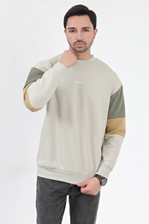 Erkek Bisiklet Yaka Sweatshirt Taş 3 İplik Kolu Garnili Oversize Pamuk Karışım - 5298