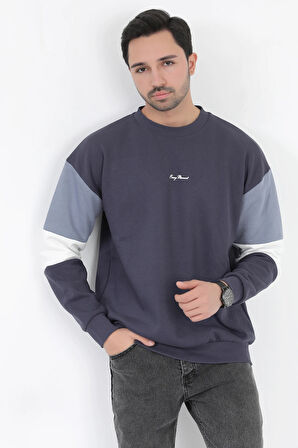 Erkek Bisiklet Yaka Sweatshirt Füme 3 İplik Kolu Garnili Oversize Pamuk Karışım - 5298