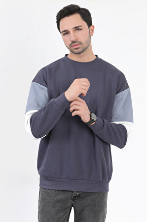 Erkek Bisiklet Yaka Sweatshirt Füme 3 İplik Kolu Garnili Oversize Pamuk Karışım - 5298