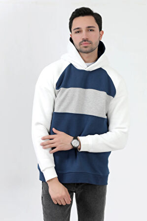 Erkek Kapüşonlu Oversize Sweatshirt Koyu Mavi 3 İplik Garnili Ribanalı Hoodie - 5771