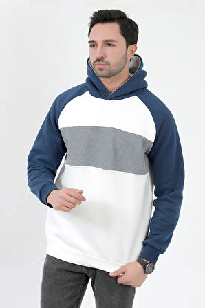 Erkek Kapüşonlu Oversize Sweatshirt Beyaz 3 İplik Garnili Ribanalı Hoodie - 5771