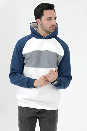 Erkek Kapüşonlu Oversize Sweatshirt Beyaz 3 İplik Garnili Ribanalı Hoodie - 5771