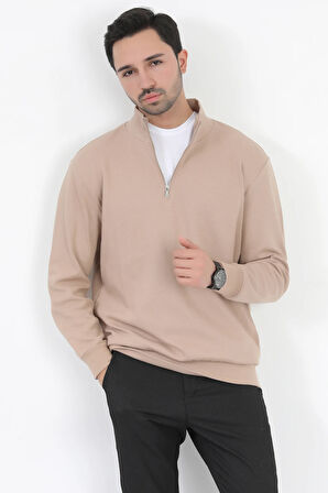 Erkek Dik Yaka Sweatshirt Vizon Yarım Fermuarlı Laking Pike Pamuk Karışım - 5482